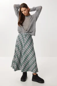 Lovelyİstanbul Checkered Midi flared Skirt  Gray Green
