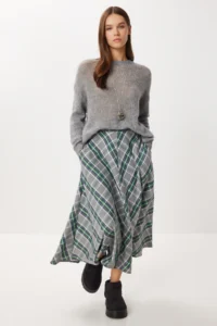 Lovelyİstanbul Checkered Midi flared Skirt  Gray Green - Image 2