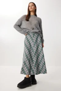 Lovelyİstanbul Checkered Midi flared Skirt  Gray Green - Image 3