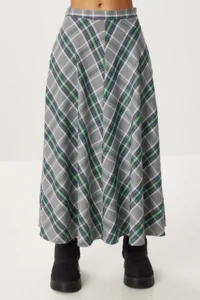 Lovelyİstanbul Checkered Midi flared Skirt  Gray Green - Image 4