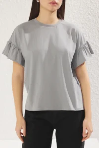 TRENDYOLMİLLA Gray 100% Cotton Ruffle Detailed Basic Crew Neck Knitting T-Shirt - Image 8