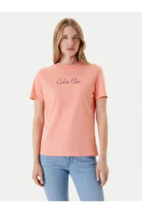 Calvin Klein Women's Regular Fit Round Neck 100% Cotton Logo Patterned Short Sleeve Orange T-Shirt -VDW