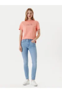 Calvin Klein Women's Regular Fit Round Neck 100% Cotton Logo Patterned Short Sleeve Orange T-Shirt -VDW - Image 2