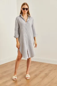 Olalook Women's Gray Muslin Shirt Dress with Oval Side Slits - Image 3