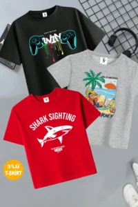 twins tailors Sea Landscape Printed 3-Pack Unisex Red-Black-Grey Children's T-Shirt