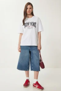 Lovelyİstanbul Printed Oversize Cotton Knitted T-shirt  WHITE