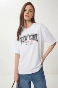 Lovelyİstanbul Printed Oversize Cotton Knitted T-shirt  WHITE - Image 2