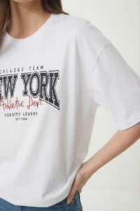 Lovelyİstanbul Printed Oversize Cotton Knitted T-shirt  WHITE - Image 3