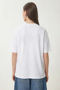 Lovelyİstanbul Printed Oversize Cotton Knitted T-shirt  WHITE - Image 4