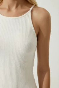 Lovelyİstanbul Thin Sleeveless Ribbed Knitting Tank Top  Ecru - Image 3