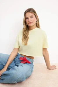 TRENDYOLMİLLA Yellow Boxy Drop Sleeve Short Sleeve 100% Cotton Knitting T-Shirt