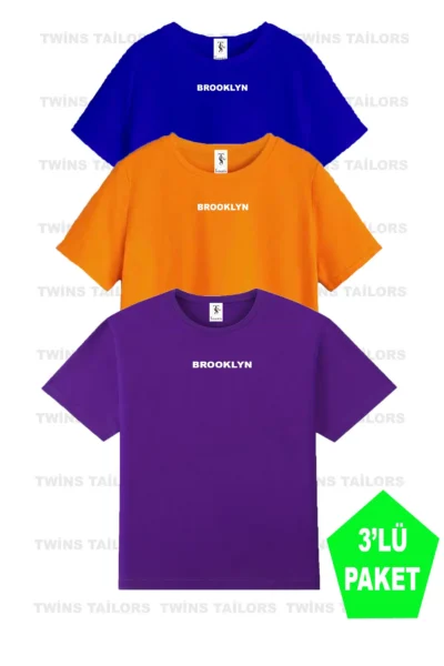 twins tailors Brooklyn Printed 3 Pack Unisex Saks Blue-Orange-Purple Kids T-Shirt/T-Shirt