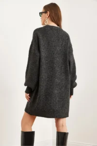 Olalook Women's Anthracite Crew Neck Balloon Sleeve Soft Textured Knitwear Tunic Dress - Image 7