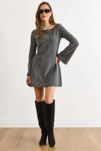 Olalook Women's Smoked Staple Detailed Wide Collar A-Line Cut Winter Thessaloniki Dress