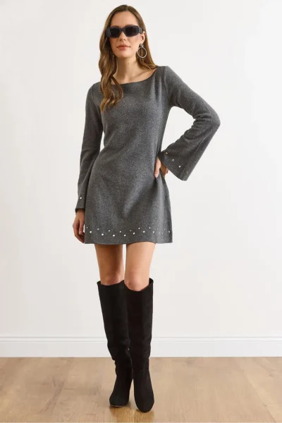 Olalook Women's Smoked Staple Detailed Wide Collar A-Line Cut Winter Thessaloniki Dress