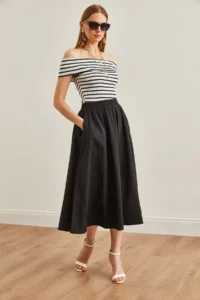 Olalook Women's Black Pocketed Elastic Waist Midi Woven Bell Skirt - Image 4