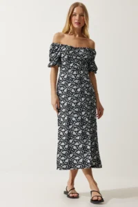 Happiness İstanbul Women's Black Gray Elastic Carmen Collar Summer Dress - Image 2
