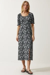 Happiness İstanbul Women's Black Gray Elastic Carmen Collar Summer Dress - Image 3