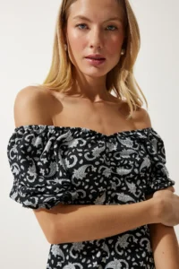Happiness İstanbul Women's Black Gray Elastic Carmen Collar Summer Dress - Image 4