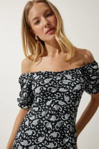 Happiness İstanbul Women's Black Gray Elastic Carmen Collar Summer Dress - Image 5