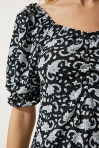 Happiness İstanbul Women's Black Gray Elastic Carmen Collar Summer Dress - Image 6