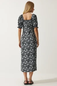 Happiness İstanbul Women's Black Gray Elastic Carmen Collar Summer Dress - Image 7