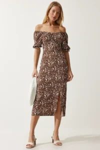 Happiness İstanbul Women's Brown White Elastic Carmen Collar Summer Dress - Image 2