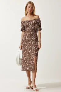 Happiness İstanbul Women's Brown White Elastic Carmen Collar Summer Dress - Image 3