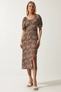 Happiness İstanbul Women's Brown White Elastic Carmen Collar Summer Dress - Image 4