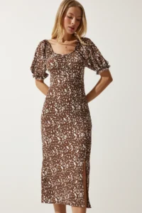Happiness İstanbul Women's Brown White Elastic Carmen Collar Summer Dress - Image 5