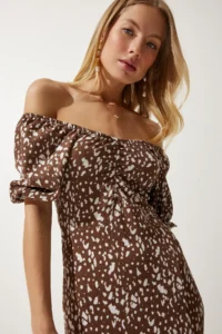 Happiness İstanbul Women's Brown White Elastic Carmen Collar Summer Dress - Image 6