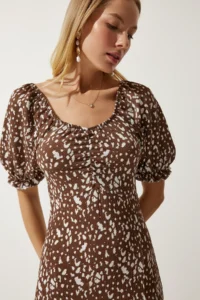 Happiness İstanbul Women's Brown White Elastic Carmen Collar Summer Dress - Image 7