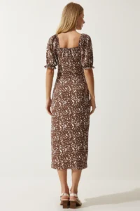 Happiness İstanbul Women's Brown White Elastic Carmen Collar Summer Dress - Image 9