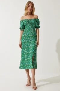 Happiness İstanbul Women's Green Elastic Carmen Collar Summer Dress