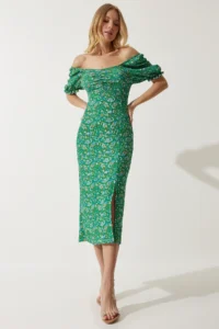 Happiness İstanbul Women's Green Elastic Carmen Collar Summer Dress - Image 2