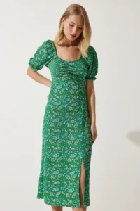 Happiness İstanbul Women's Green Elastic Carmen Collar Summer Dress - Image 3