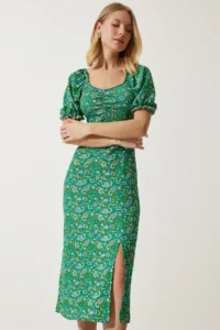 Happiness İstanbul Women's Green Elastic Carmen Collar Summer Dress - Image 4