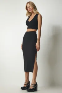 Happiness İstanbul Women's Black Slit Ribbed Knitted Pencil Skirt