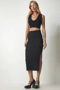 Happiness İstanbul Women's Black Slit Ribbed Knitted Pencil Skirt - Image 2
