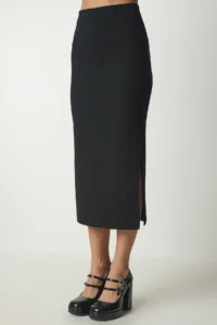 Happiness İstanbul Women's Black Slit Ribbed Knitted Pencil Skirt - Image 5