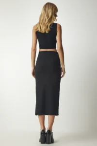 Happiness İstanbul Women's Black Slit Ribbed Knitted Pencil Skirt - Image 7