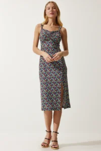 Happiness İstanbul Women's Blue Green Double Strap Patterned Knitted Dress - Image 2