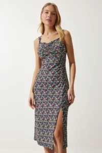 Happiness İstanbul Women's Blue Green Double Strap Patterned Knitted Dress - Image 3
