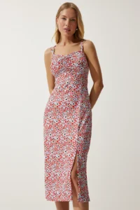 Happiness İstanbul Women's Orange Double Strap Patterned Knitted Dress - Image 3