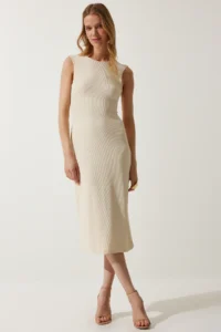Happiness İstanbul Women's Cream Backless Ribbed Knitted Dress