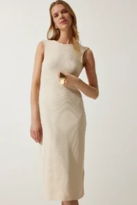 Happiness İstanbul Women's Cream Backless Ribbed Knitted Dress - Image 2