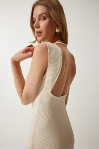 Happiness İstanbul Women's Cream Backless Ribbed Knitted Dress - Image 3