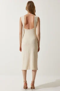 Happiness İstanbul Women's Cream Backless Ribbed Knitted Dress - Image 5