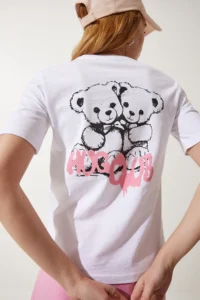 Happiness İstanbul Women White Teddy Bear Printed Knitting T-Shirt