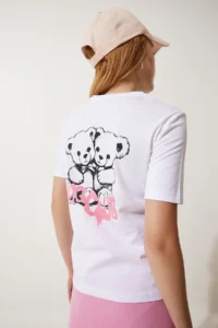 Happiness İstanbul Women White Teddy Bear Printed Knitting T-Shirt - Image 3